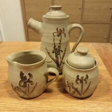 Vintage Tiki Signed Stoneware Studio Pottery Coffee Pot, Sugar Bowl & Creamer