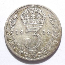 3d 1912 GEORGE V COIN 925 STERLING SILVER THREE PENCE THREEPENNY PIECE