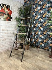 Vintage Tubular Steel Step Ladder Folding Wooden Tread Decorators Rustic Prop
