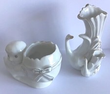 2 Vtg Small White Gilded Flower Vases~Swan With Cygnet~Duck & Egg Vase (Bow)