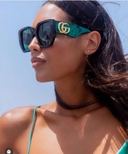 New Gucci GG0956S Oversized Geometric Women's Sunglasses Black/Green Lense