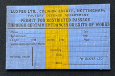 WW2 Factory Defence Permit, Luxfer Ltd Colwick Nottingham – Unused Security Pass