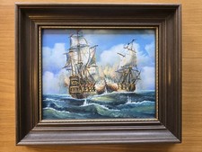 Vintage Oil Painting Naval Battle, Two Warships At Sea - by J Harvey