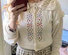Zara Floral Embroidered Knit Cardigan Statement Collar Size S Cream cottagecore