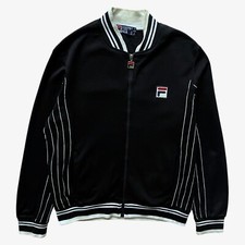 Vintage 90s Men's Fila White Line Black Pinstripe Wool Blend Track Jacket Tennis