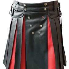 Men Real Black & Red Gladiator Utility Traditional Kilt With Flat Front Pocket