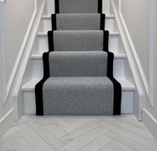 Carpet Stair Runner 7Mx60cm Colour LIGHT GREY Herringbone With Black Taped Edge.