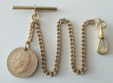 Vintage Albert Pocket Watch Chain 10" Curb Link, T bar Dog Clip & Fob gold tone