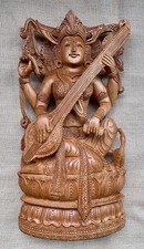 Antique Indian Wooden Carved Large Temple Sarswati God Of Wisdom Statue