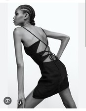 Zara women's mini short black 100% linen dress split open back 5520/273/800 y2k