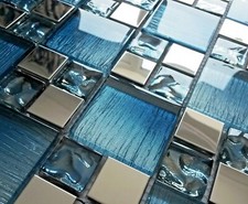 Blue Iridescent Glass Foil & Silver Chrome Metal Square Mosaic Wall Tile 8mm