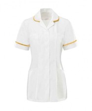 White Nurse Tunic EU 42 Yellow Trim Polycotton Uniform Healthcare Carer Work Top