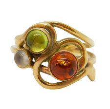 9ct Gold, Amber, Peridot & Moonstone Modernist Dress Ring Vintage 2006