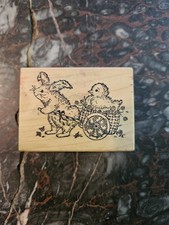PSX F-576 Easter Bunny With Chick in Wagon Easter Rubber Stamp Wooden Handle