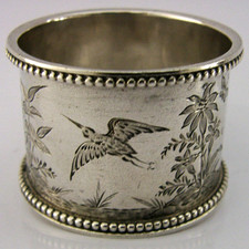 STUNNING STERLING SILVER BIRDS BUTTERFLY NAPKIN RING 1878 ANTIQUE VICTORIAN