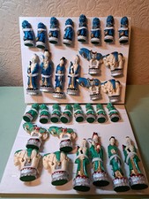 Vintage Chinese Imperial Chess Set (Hand-Painted, Green & Blue) – Pieces Only!