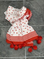 BODEN Red & Cream  Spots & Stripes  Large Cotton Linen Scarf Red Pom Poms
