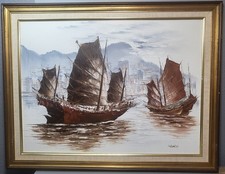  Vintage Oil Painting Chinese Oriental Junk Ships Seascape Nautical 72x56cm