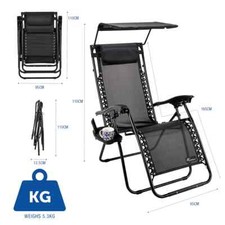 Set of 2 Black Sun Lounger Garden Chairs With Cup Phone Holder Canopy A Used