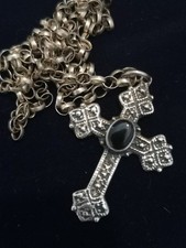 Antique Inspired Vintage 925 Sterling Silver Ornate Black Onyx Cross Necklace