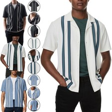 M&S Mens Stripe Textured Polo Shirt Short Sleeve Textured Waffle Collared Tee