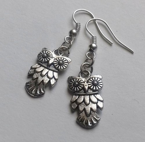 Silver owl drop dangle - owl,