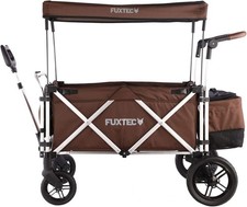 Brown 2-Seater Folding Stroller Wagon Kids Push Pull All-Terrain Cart w/ Canopy