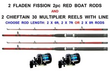 2 FLADEN 6ft RED BOAT RODS+2 CHIEFTAIN 30 REELS+LINE SEA FISHING TACKLE