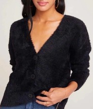 Olivia Sky Womens Button Down Fur Cardigan Sweater Black Small Longsleeve