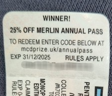 McDonalds Monopoly Ticket For 25% Off For An Annual Merlin Pass UK Alton Towers 