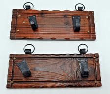 PAIR OF OLD WOODEN WALL PLAQUES/BRACKETS WITH METAL HOOKS & FITTINGS.  VINTAGE