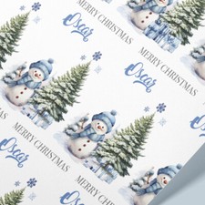 Personalised Christmas Blue Snowman Wrapping Paper