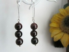 Dark Red Maroon Garnet Gemstones Silver Drop Earrings.