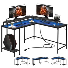 L-Shaped Gaming Desk with LED Lights Power Outlets Reversible Home Office Desk