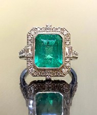 Art Deco Colombian Emerald Lab Created Diamond Engagement 925 Silver Ring
