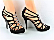 Black satin strappy diamante shoes 4.5'' heel 1'' platform 