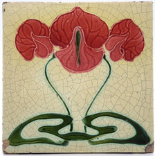 Reclaimed Antique Fireplace Tile Moulded Majolica Red Floral Rhodes Tile Co 1904