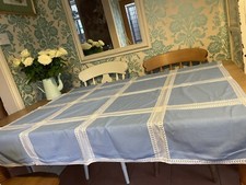 Vintage pale blue linen tablecloth 50” X 47”
