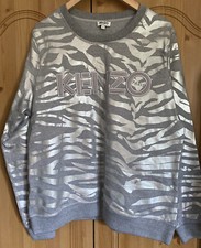 Womens KENZO Jumper Silver Grey Zebra Print Cotton Sweatshirt Size S Christmas