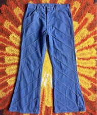 PAL Vintage 70s medium wash denim  chevron windowpane flare Jeans Hippie Psych