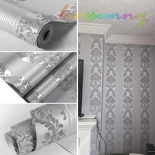 Silver Grey Damask Glitter Wallpaper 3D Embossed Textured Luxury Wall Decor.Roll