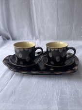 Studio Pottery Cups and Saucers x 2 With Tray - Polka Dot