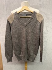 VINTAGE WOOLOVERS Heavy Grey/Green Shooting Jumper 100% Wool + Suede Patches - M
