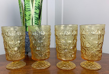 SET OF FOUR MID CENTURY VINTAGE RETRO AMBER STEMMED DRINKING GLASSES 5.5" HIGH