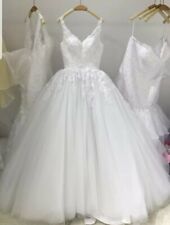 UK White ivory Beaded Bridal Lace A Line Sleeveless Wedding Dresses Size 6-22
