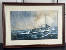 Vintage Large Water colour painting Of Navy Ship In Heavy Sea By Brian Entwistle