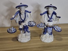 Vintage Woolbro Japanese Blue & White Porcelain Figurines Fisherman And Woman