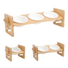 Raised Dog Cat Ceramic Bowl Bamboo Stand 1/2/3 Bowls Pet Food Feeding Station