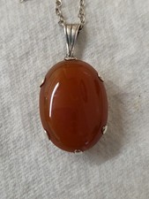 Vintage 925 Silver Natural Orange Agate Cabochon Pendant Necklace 18" 8g