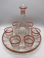 Vintage Mid Century Red Art Glass Set With Starburst Tray Decanter & 6 Glasses